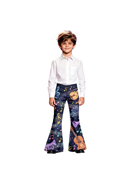 Flare Pants For Boys Musical Note Guitar Print Casual Festival Stage Performance School Trousers Size 5-6T