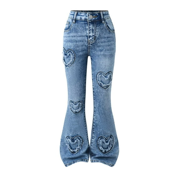 Flare Pants Girls Flared Jeans Casual Zipper Fly Heart Embroidery Ripped Stretch Bellbottom Denim Pants Girls Flare Leggings Blue 9 Y-10 Y