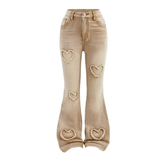Flare Pants Girls Flared Jeans Casual Zipper Fly Heart Embroidery Ripped Stretch Bellbottom Denim Pants Girls Flare Leggings Khaki 12 Y-13 Y