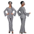 thumbnail image 1 of Flare Pants Retro Cosplay Outfit, 70s Disco Metallic Shiny Two Piece Outfit, Bell Sleeve V Neck Top & Flare Pants for Halloween Retro Party Cosplay, Multi Color Glossy Costume Set, Gray S, 1 of 8