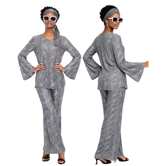 Flare Pants Retro Cosplay Outfit, 70s Disco Metallic Shiny Two Piece Outfit, Bell Sleeve V Neck Top & Flare Pants for Halloween Retro Party Cosplay, Multi Color Glossy Costume Set, Gray S