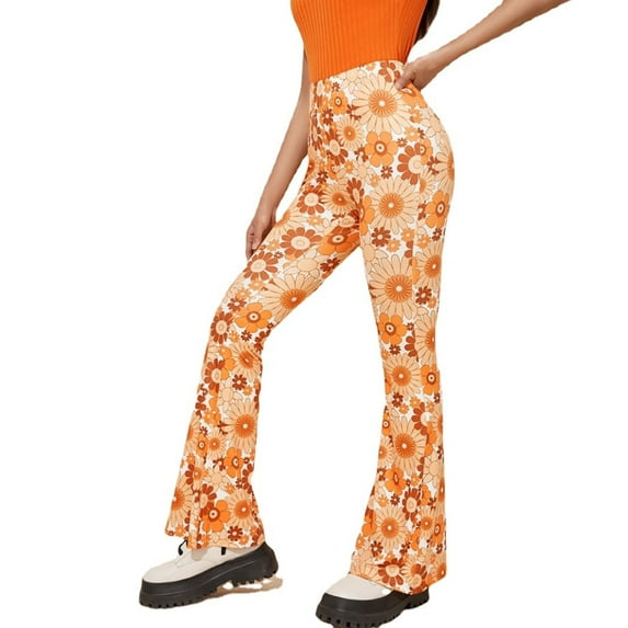 Flare Pants Womens Floral Print Casual High Waisted Palazzo Long Pants Bell Bottoms Summer Bootcut Leggings (X-Large, Yellow A)