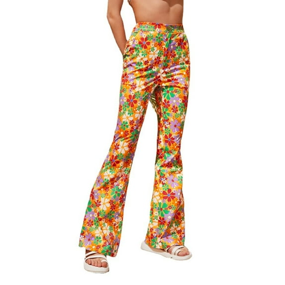 Flare Pants Womens Floral Print Casual High Waisted Palazzo Long Pants Bell Bottoms Summer Bootcut Leggings (XX-Large, Green A)