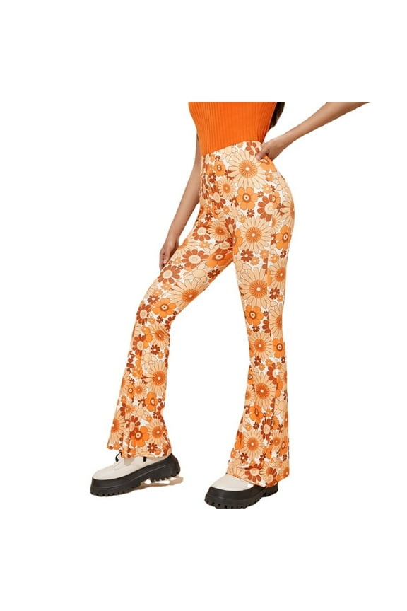 Flare Pants Womens Floral Print Casual High Waisted Palazzo Long Pants Bell Bottoms Summer Bootcut Leggings (XX-Large, Yellow A)