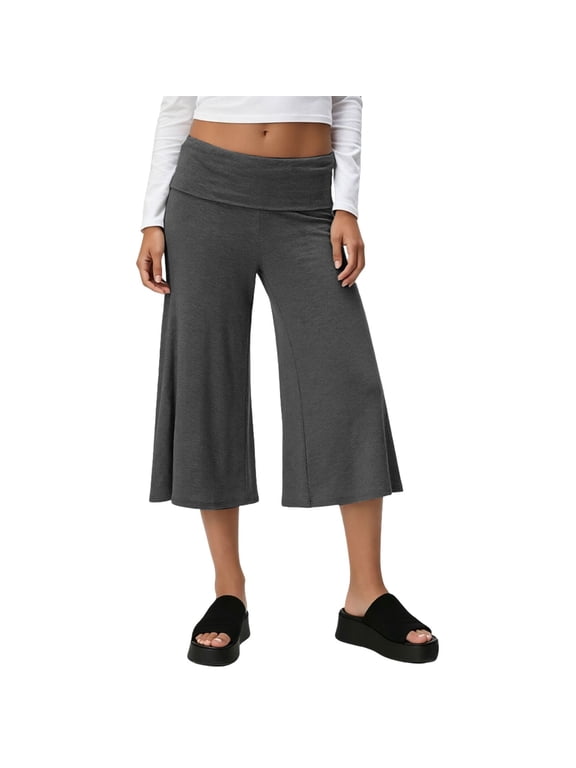 Flare Pants for Women Fold Over Flowy Capri Pants Wide Leg Low Rise Yoga Capris Foldover Cropped Leggings