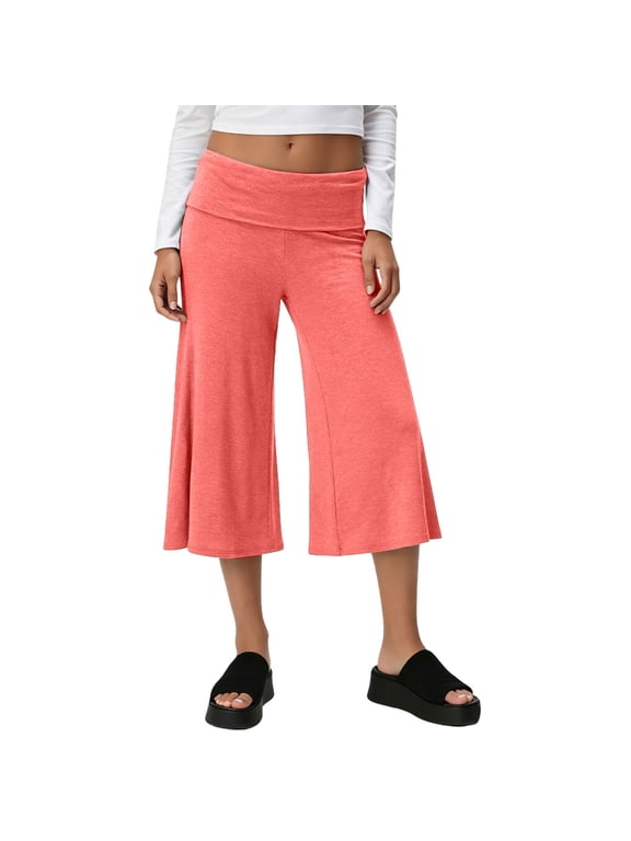 Flare Pants for Women Fold Over Flowy Capri Pants Wide Leg Low Rise Yoga Capris Foldover Cropped Leggings