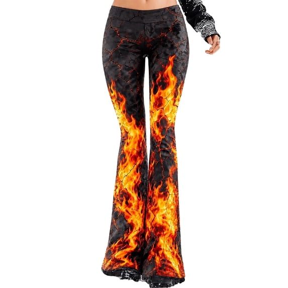 Flare Pants for Women Halloween Flame Print Casual Sports Baggy Workout Trousers