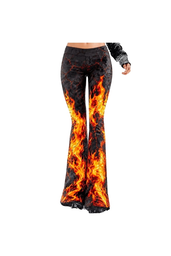 Flare Pants for Women Halloween Flame Print Casual Sports Baggy Workout Trousers