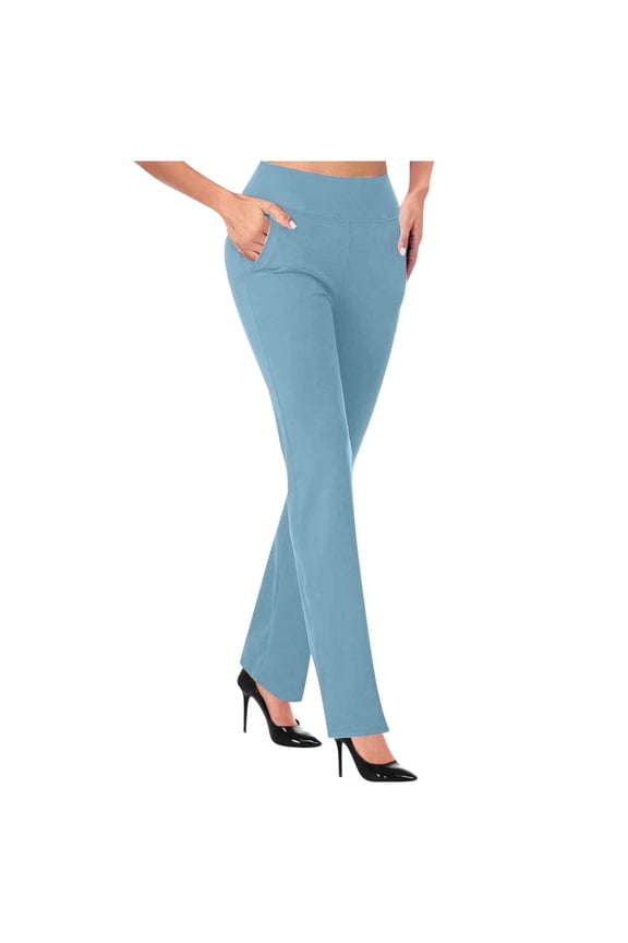 Flare Pants for Women Knitted Wide Leg Trousers with Pockets Solid Color Elastic High Waist Casual Bell Bottoms (Light Blue 2XL)