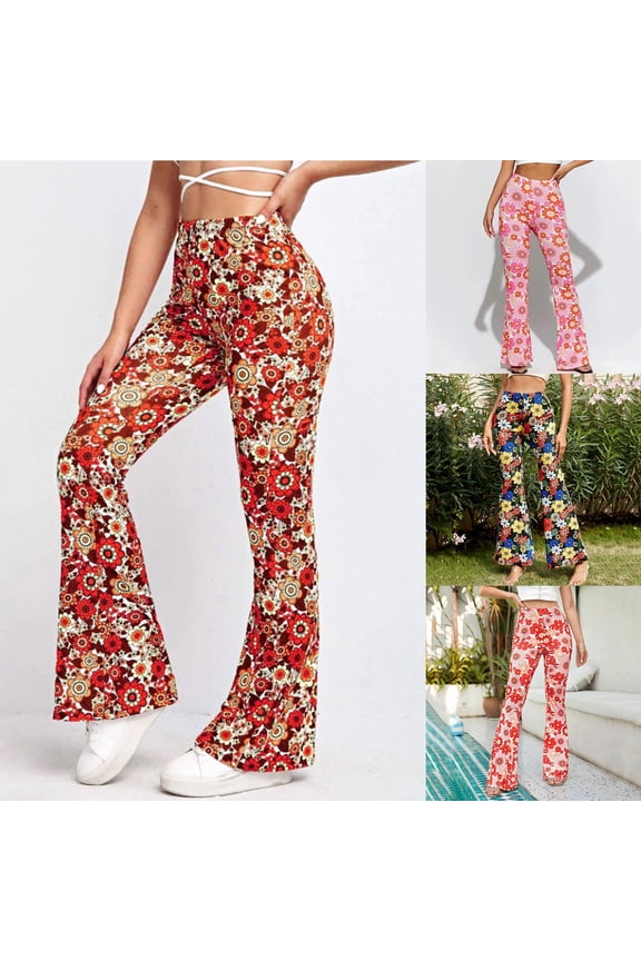 Flare Pants for Women Paisley Floral High Waisted Bell Bottoms Yoga Pants Flared Leggings Casual Hippie Pants Red M