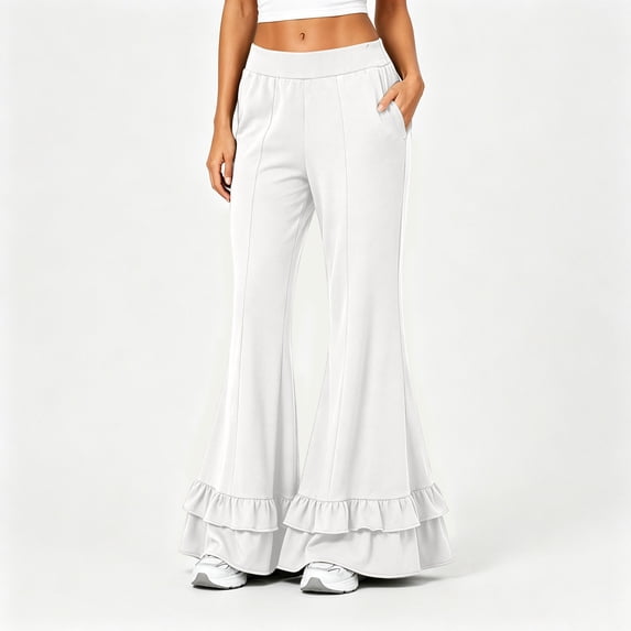 Flare Pants for Women Wide Leg Elastic Waist Loose Casual Pants Layered Ruffled Hem Pants with Pockets, L