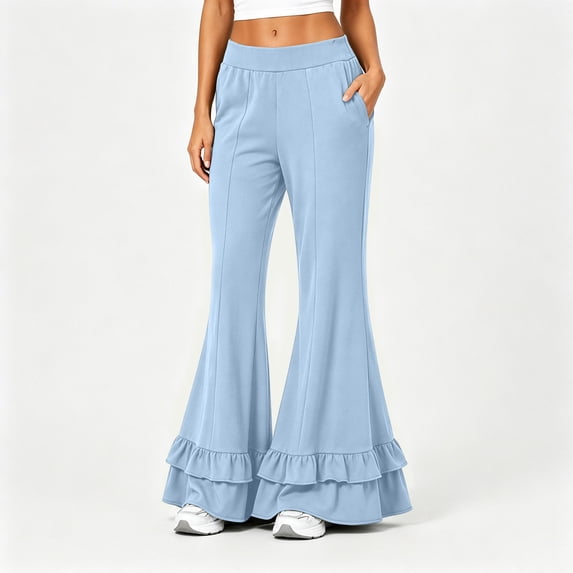 Flare Pants for Women Wide Leg Elastic Waist Loose Casual Pants Layered Ruffled Hem Pants with Pockets, S