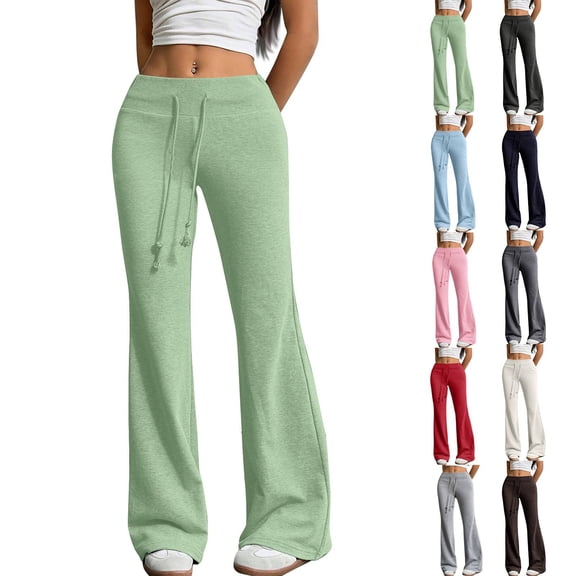 Flare Sweats Women Drawstring Waist Bell Bottom Sweatpants Sports Causal Pants, Mint Green L