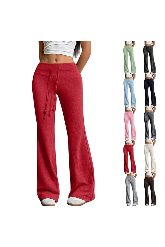 Flare Sweats Women Drawstring Waist Bell Bottom Sweatpants Sports Causal Pants, Red M