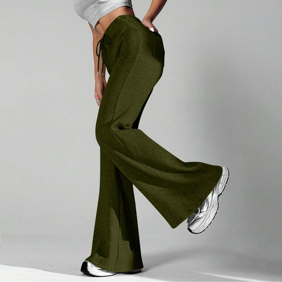 Flare Wide Leg Sweatpants Women Cute Drawstring High Waisted Fleece Lined Sweat Pants Comfy Lounge Pants Army Green S