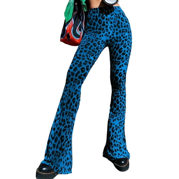 Flare Yoga Pants for Women - Soft High Waist Bootcut Leggings Tall & Long Leopard Flared Pants Blue Leopard L