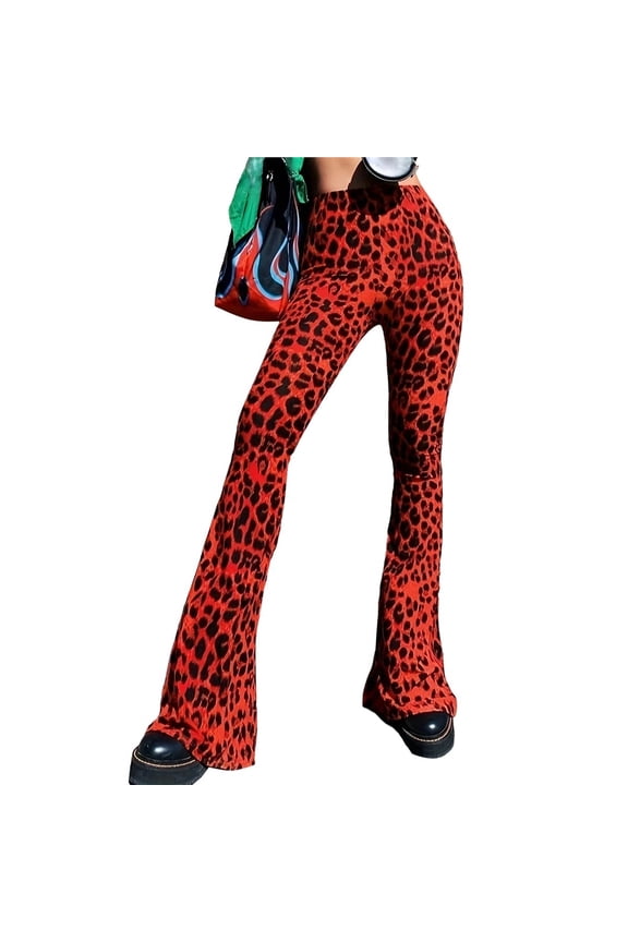 Flare Yoga Pants for Women - Soft High Waist Bootcut Leggings Tall & Long Leopard Flared Pants Red Leopard XS