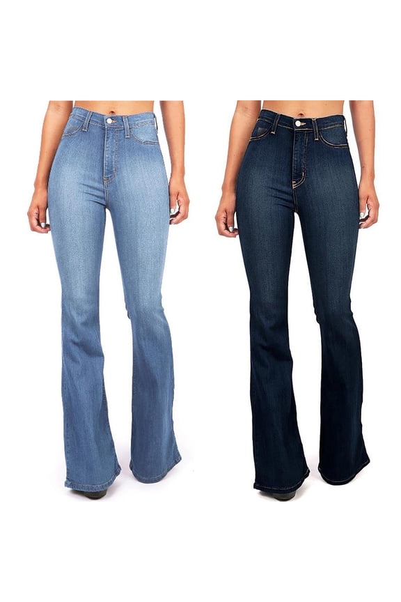 Flare bell Bottom Jeans Womens Dark Blue Jeans Tummy Control Buttons Mid Rise Skinny Retro Juniors Denim Pants Medium