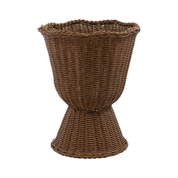 FlareFable 14" Brown Woven Urn-Style Planter with Decorative Scalloped Rim and Transparent Inner Lining