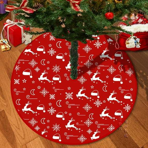 FlareFable 28 Inch Christmas Tree Skirt Decorations, with Santa Claus, Snowman, Reindeer Figurine Christmas Decorations, Round Xmas Tree Skirt Cover for Christmas Party Mat Indoor