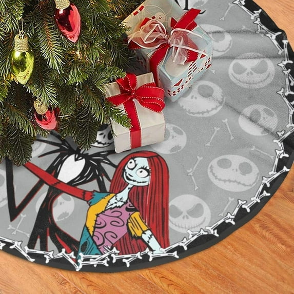 FlareFable 36" Nightmare Before Christmas Tree Skirt Mats, Novelty Skull Christmas Tree Skirts, Catroon Plush Christmas Tree Decorations for Home, Christmas Home Decors for Party Farmhouse (Gray)