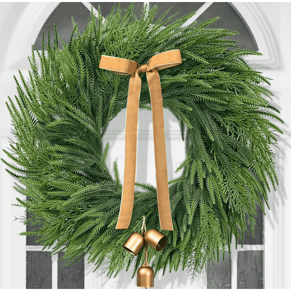 FlareFable Norfolk Christmas Wreath for Front Door, 24 inch Glowing Artificial Holiday Wreath with Bow & Bells, Front Door Christmas Decorations Indoor Outdoor
