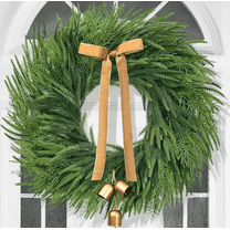 FlareFable Norfolk Christmas Wreath for Front Door, 24 inch Glowing Artificial Holiday Wreath with Bow & Bells, Front Door Christmas Decorations Indoor Outdoor