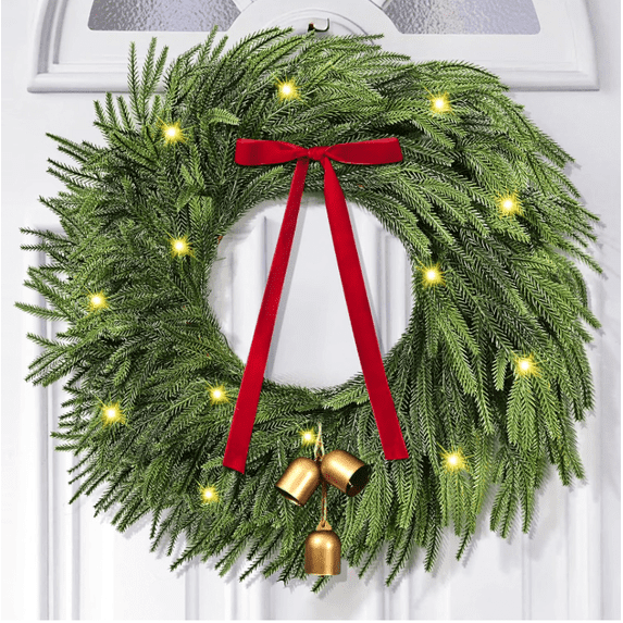 FlareFable Norfolk Christmas Wreath for Front Door, 24 inch Glowing Artificial Holiday Wreath with Bow & Bells, Front Door Christmas Decorations Indoor Outdoor