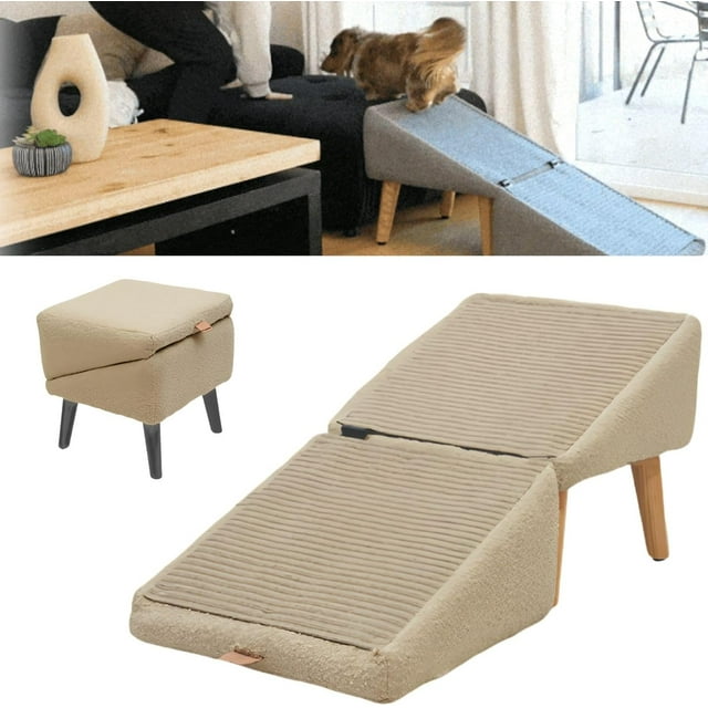 FlareFable Pet Steps Seat Mate Ramp for Cats & Dogs, Pet Friendly Multifunctional Ottoman Ramp with Frame and Ergonomic Design, Portable & Interactive Steps for High Bed to Dogs (White)