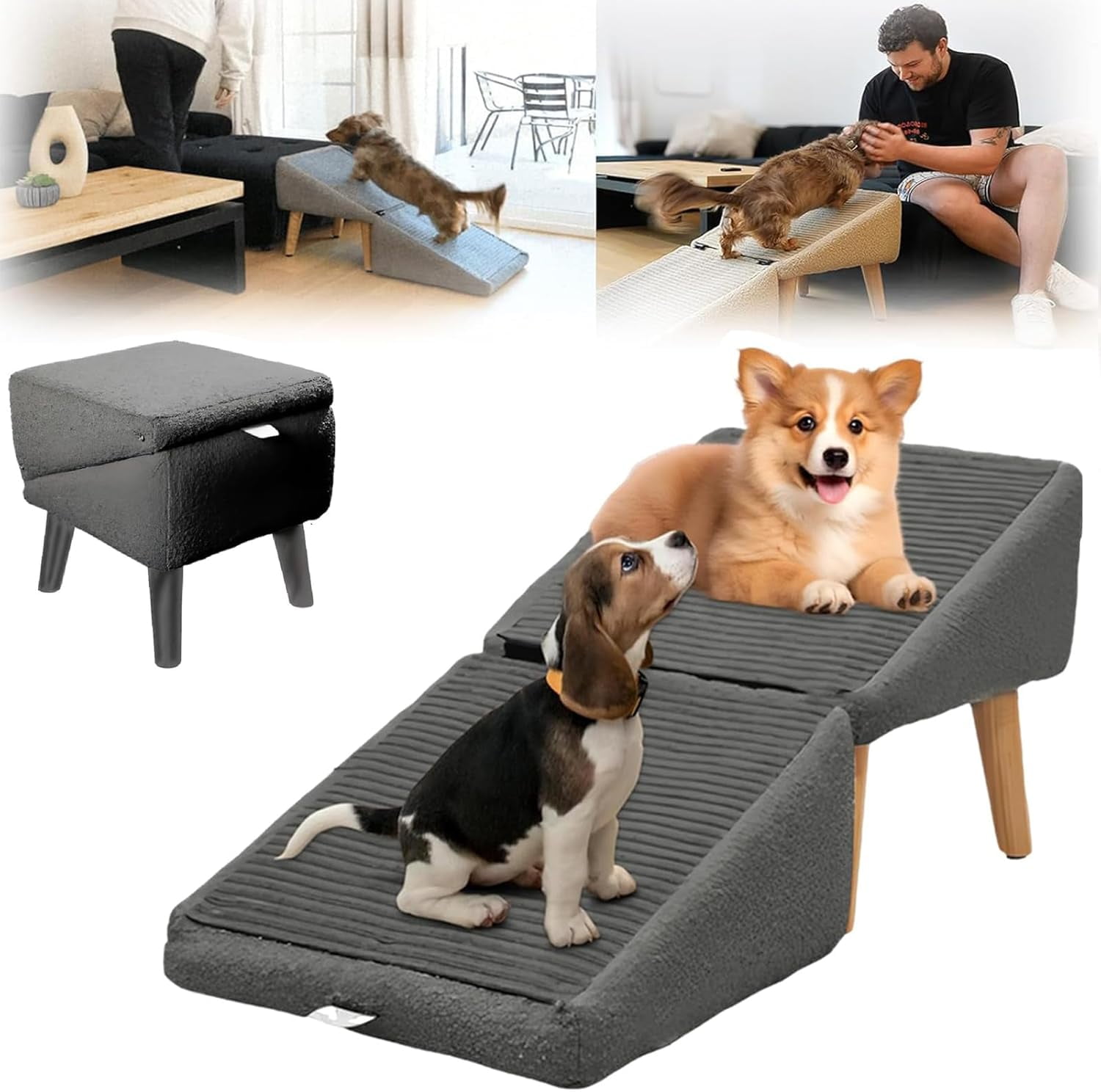 Split Ottoman Dog Ramp – 2-in-1 Folding Pet Stairs & Footrest For Couches & Beds