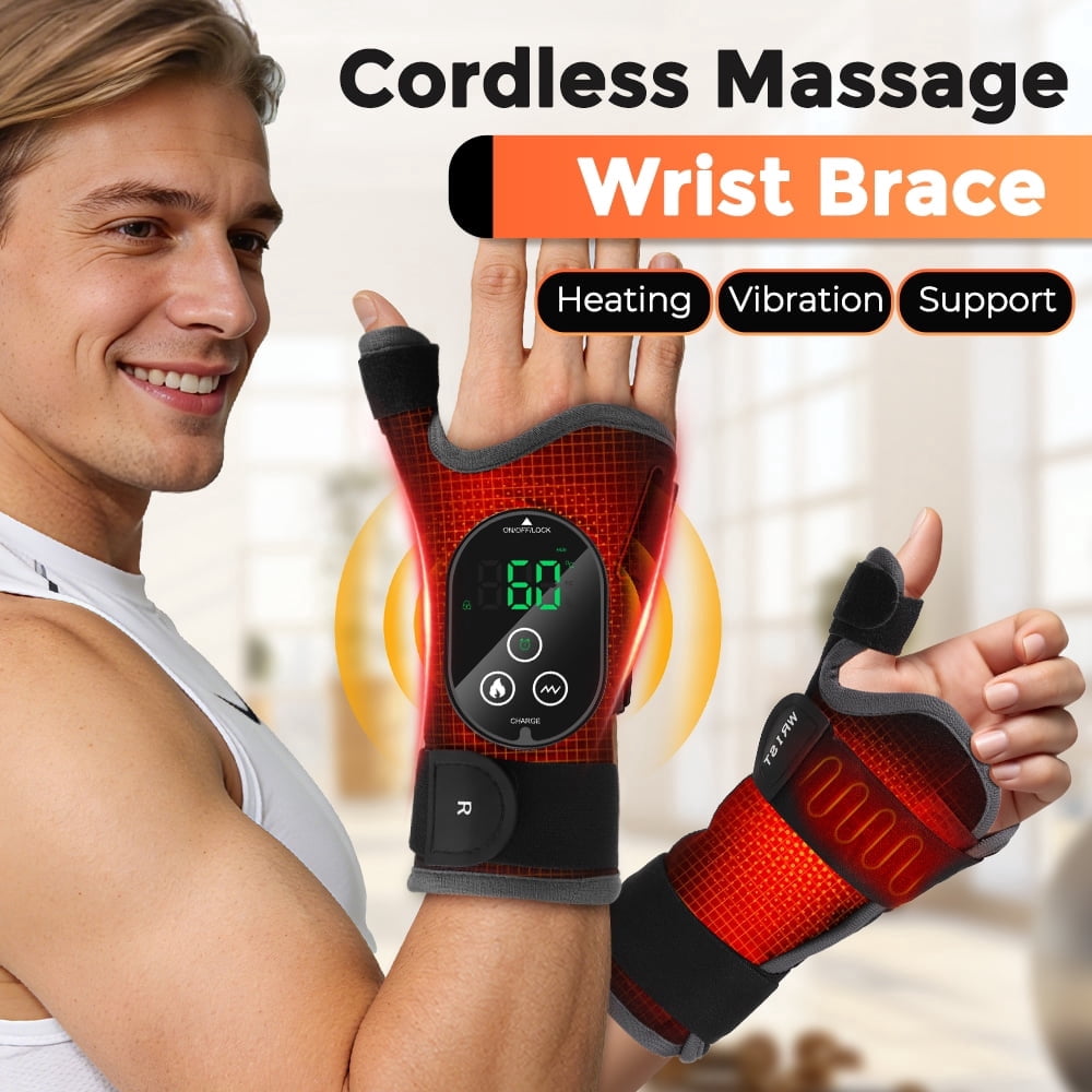 FlareMore Cordless Heated Wrist Brace with Vibration, Rechargeable Wrist Heating Pad Wrap, 3 Heat Levels, Adjustable Support with Thumb, for Work, Workout & Daily Use