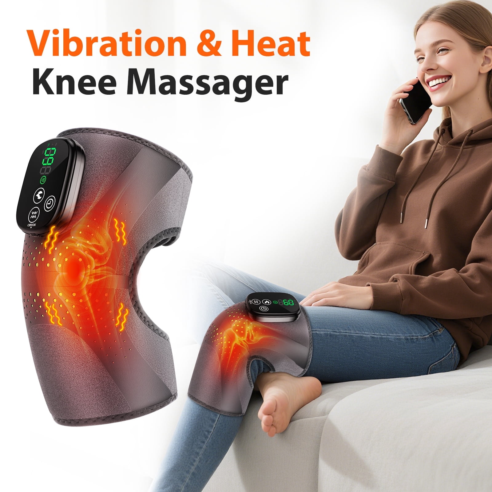 FlareMore Cordless Knee Massager with 3 Heat & 3 Vibration,Rechargeable Heated Knee Brace Wrap with 5000mah Battery,Adjustable Strap,Auto Shut Off,Portable 4-Motor Massager for Knee,Shoulder & Elbow