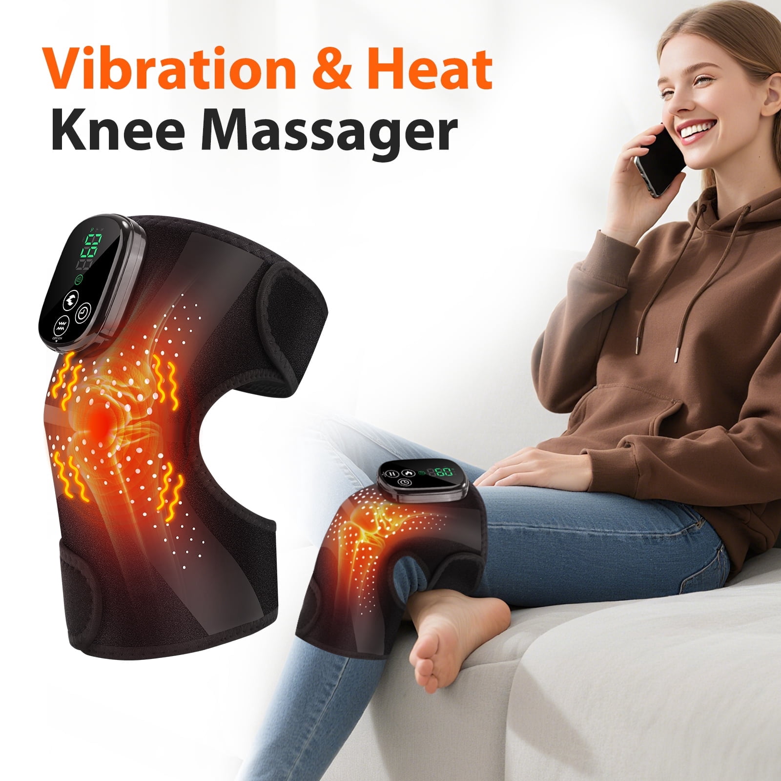 FlareMore Cordless Knee Massager with Heat & Vibration – Rechargeable Heated Knee Brace Wrap, 3 Heat + 3 Vibration Modes, Adjustable Strap, Auto Shut Off, Portable for Knee, Shoulder & Elbow