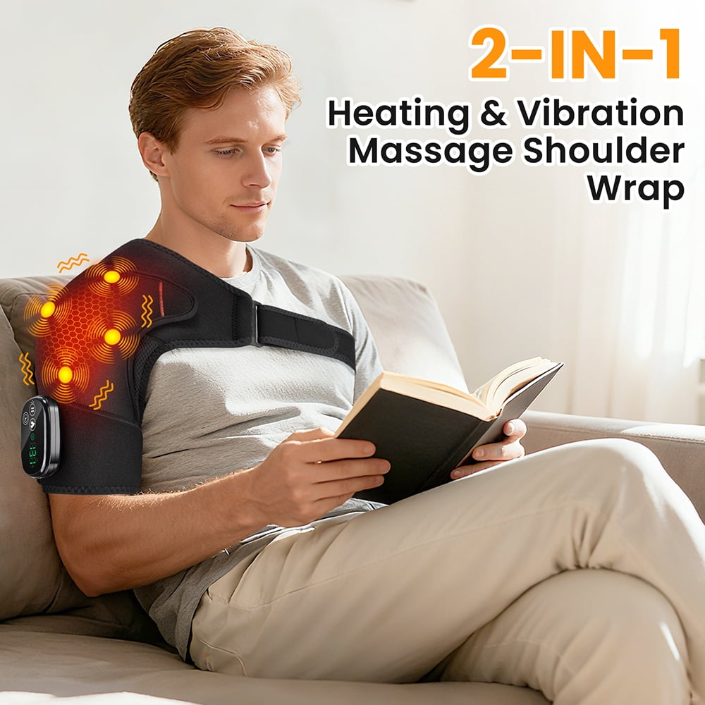 FlareMore Cordless Shoulder Heating Pad with Vibration, Heated Shoulder Wrap Brace, 3 Heat Levels, Rechargeable Shoulder Massager for Men Women