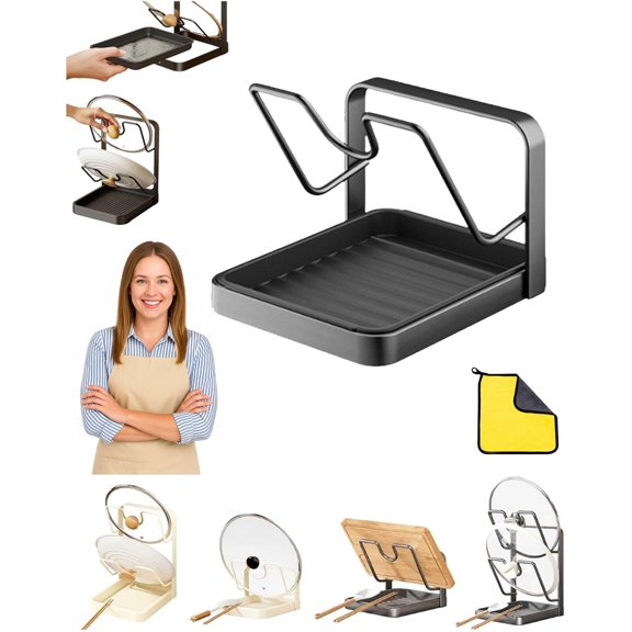 FlareZe Kitchen Pot Lid Storage Rack, Pot Lid Holder with Tray, Lid Holder While Cooking, Lid and Spoon Rest, Multifunctional Kitchen Organizer Stand, No More Pools of Gross Water (Grey-Single layer)