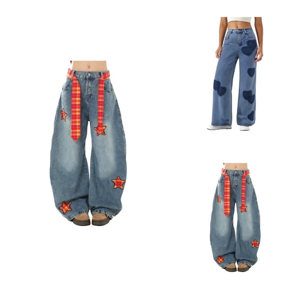 Flared Barrel Jeans for Women – Mid Rise Heart Print Washed Denim, Loose Fit Wide Leg Ankle Pants, Vintage Baggy Boyfriend Casual Trousers