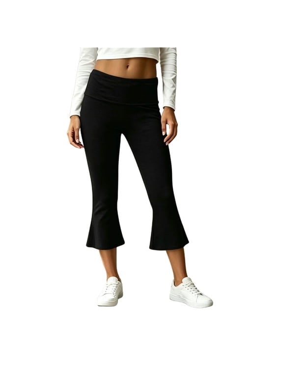 Flared Capri Pants for Women Fold Over Waist Capri Trousers Slim Solid Capris Stretchy High Waist Capri Bottoms Soft Breathable Pants
