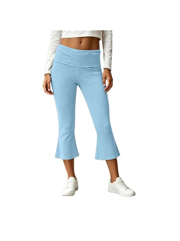 Flared Capri Pants for Women Fold Over Waist Capri Trousers Slim Solid Capris Stretchy High Waist Capri Bottoms Soft Breathable Pants