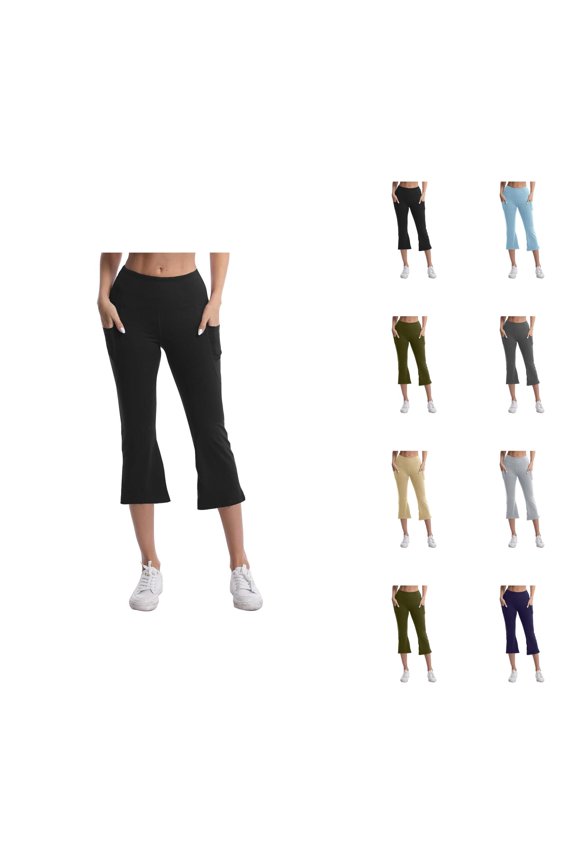 Flared Capri Pants for Women Spring Summer Elastic High Waist Wide Leg Cropped Pants Capris with Pockets