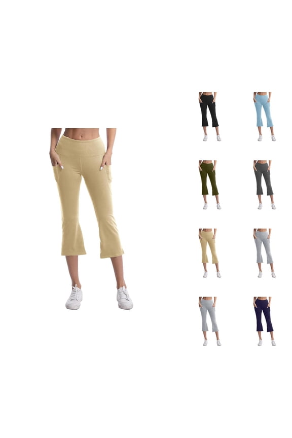 Flared Capri Pants for Women Spring Summer Elastic High Waist Wide Leg Cropped Pants Capris with Pockets