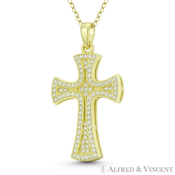 Flared Cross of St. John Cubic Zirconia CZ Crystal Pave 36x20mm (1.4x0.8in) Christian Pendant & Chain Necklace in .925 Sterling Silver w/ 14k Yellow Gold