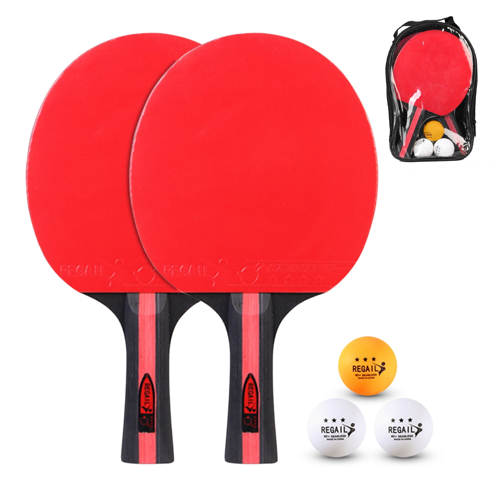 Flared Handle Table Tennis Set 2 Rackets, 3 Balls, Carry Bag Beginners