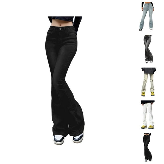 Flared Jean Pants for Women 2025 High Waisted Retro Denim Pants with Pockets Slim Fit Casual Trousers