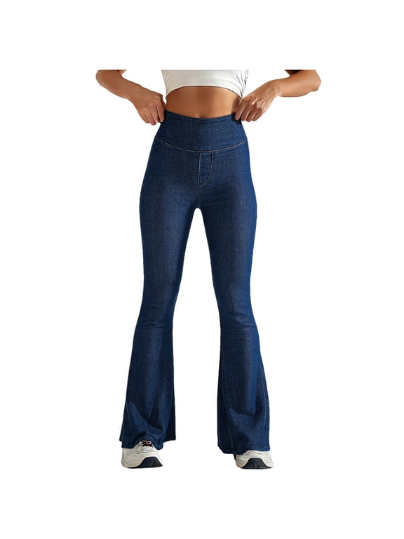 Flared Jeans for Women High Waisted Stretchy Skinny Casual Denim Trousers Bell Bottom Jeans Pull On Bootcut Jean Jeggings Ladies Tummy Control Work Dress Denim Pants Daily Trousers
