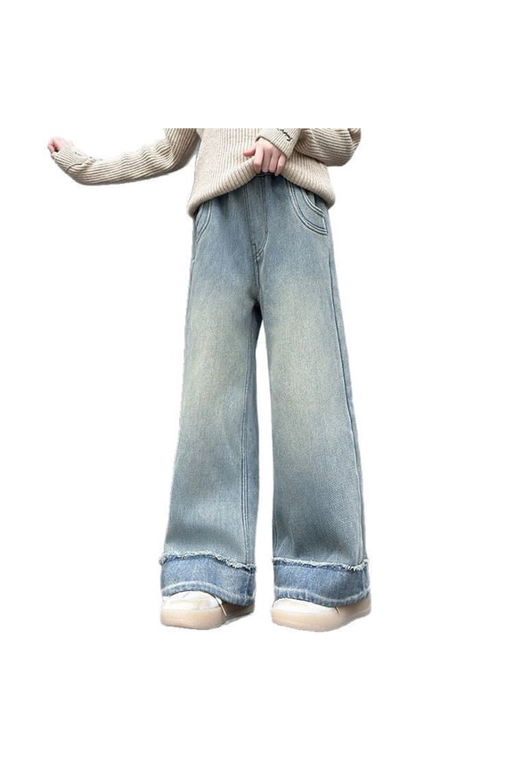 Flared Jeans for Girls New Kids Girls Casual Baggy Wide Leg Denim Pants Pull on Elastic Waist Distressed Ripped Jeans Age 3-14 Years