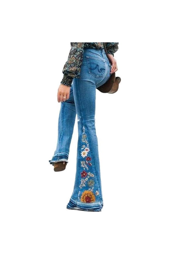 High Waisted Bell Bottom Flared Jeans for Women, 70s Retro Flared Bootcut Denim with Flower Embroidered Details