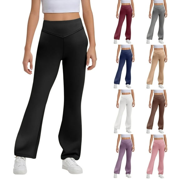 Flared Leggings for Girl Elastic High Waist Dressy Bottom Flare Yoga Pants Solid Color Stretchy Sports Casual School Uniformss Pants Black Sizes 5-6 Y