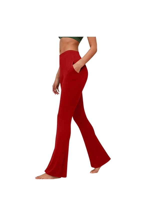 Flared Leggings Womens Workout Yoga Stretchy Pants with Pockets High Waisted Bootcut Bell Bottom Activewear (L, Red)