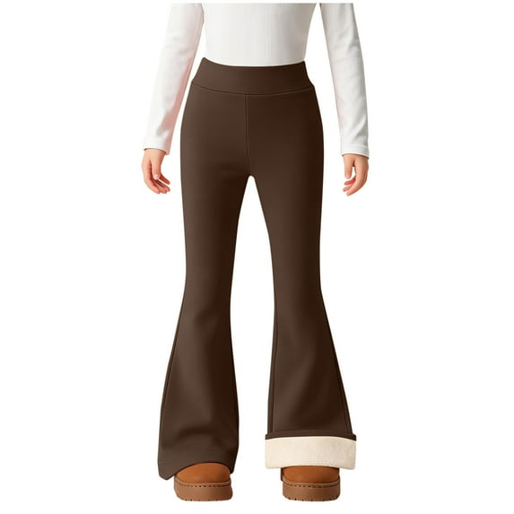 Flared Leggings for Girls with Sherpa Plush Lining Thick Stretch Bell Bottom Winter Pants High Waisted Trouser (150, Brown)