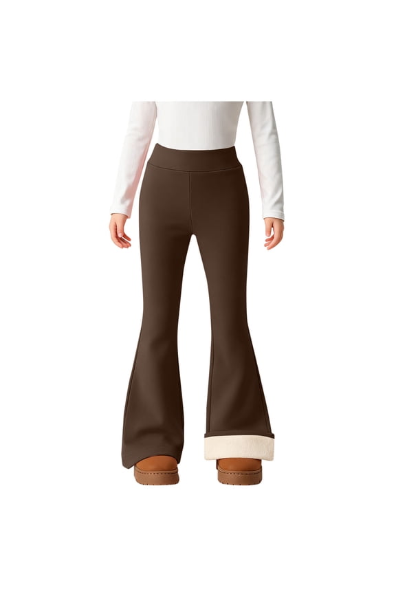 Flared Leggings for Girls with Sherpa Plush Lining Thick Stretch Bell Bottom Winter Pants High Waisted Trouser (170, Brown)